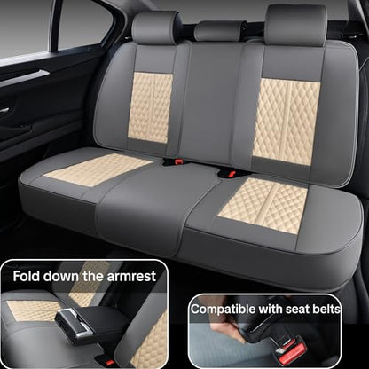 Khaki Car Seat Cover Complete Set, Universal Car Seat Cover for Car with Lumbar Support, Premium Artificial Leather, Waterproof and Easy to Clean, Airbag Compatible, Seat Heating Compatible - color: B_Khaki