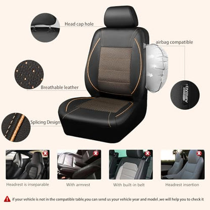 CAR PASS Piping PU Leather Car Seat Cover Full Set,Inside Zipper Design and Reserved Opening Holes,Airbag Compatible,Universal FIT for Car, SUVs,Van,Small Trucks（Full Set, Black & Gold） - color: Black and Gold