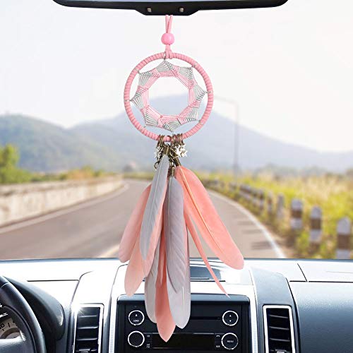 Dream Catcher Car Rearview Mirror Hanging Accessories Handmade Grids Pink Feather Car Charms Pendant Bedroom Decor 2.8" Diameter (Pink Feather) - color: Pink and Grey