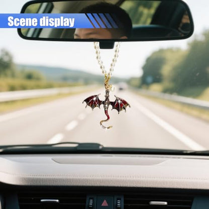 Bling Dragon Car Rear View Mirror Charm, Retro Dragons Automotive Hanging Pendant, Fantasy Rhinestone Pearls Vehicle Mirrors Ornament, Auto Interior Decoration Accessories (Red)