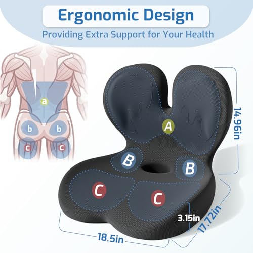 Seat Cushion,Office Chair Cushion with Lumbar Support,Memory Foam Car Orthopedic Cushion,Ergonomic Designed for Long Sitting,Tailbone & Back Pain Relief,Sciatica Pillow for Office,Car,Home Chair
