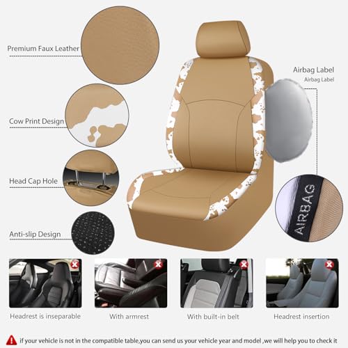 CAR PASS Cow Print Faux Leather Car Seat Covers & Cow Car Mats & Cow Steering Wheel Cover Seat Belt Pads Universal fit for SUV,Van,Saden,Truck Cute Car Accessories Automobile Interior Sets All Beige - color: Cow Print Beige