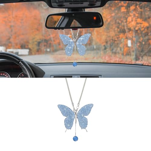 Bling Butterfly Diamond Car Accessories, Crystal Car Rear View Mirror Charms for Women, Car Decoration Lucky Hanging Interior Crystal Ornament Pendant Decor for All Cars (Light Blue) - color: Light Blue