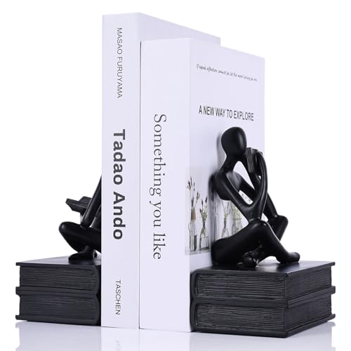 Heavy Duty Book Ends for Shelves, Thinker Bookends Set of 2 Decorative Book Ends for Heavy Books, Modern Unique Shelf Decor for Home Office Living Room Desk - color: Black