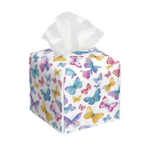Colorful Butterflies Tissue Box Cover Square, Waterproof Leather Tissue Box Holder Portable Dispenser Modern Home Decoration for Bathroom Car Nightstand Vanity - color: Colorful Butterflies