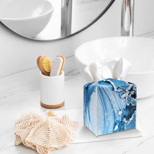 Tissue Box Cover Holder - Blue Marble PU Leather Tissue Box Cover with Bottom Belt, Modern Square Facial Paper Organizer for Tabletop, Bathroom, Kitchen, Car & Office -033 - color: Blue Marble 1