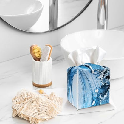 Tissue Box Cover Holder - Blue Marble PU Leather Tissue Box Cover with Bottom Belt, Modern Square Facial Paper Organizer for Tabletop, Bathroom, Kitchen, Car & Office -033 - color: Blue Marble 1