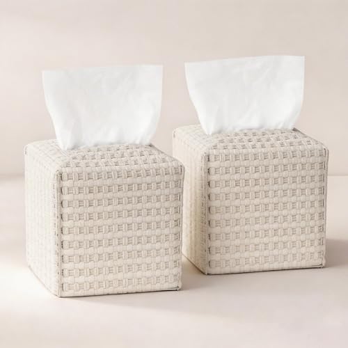 Tissue Box Cover 2-Pack, Square Tissue Holder with Bottom Belt, Modern Tissue Case Facial Paper Organizer Dispenser for Bathroom, Office, Home, Table, Car, Woven Pattern White - color: White, size: Woven Pattern