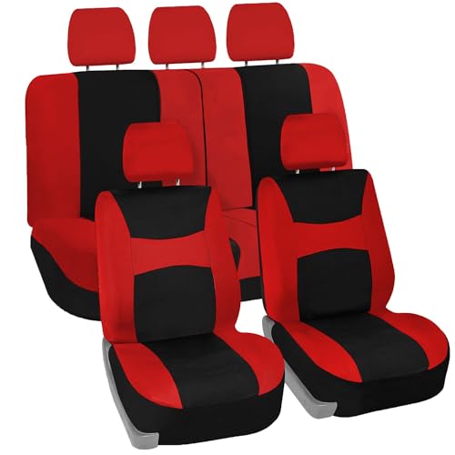 FH Group Flat Cloth Seat Covers Front Seat and Solid Rear Bench Full Set with Gift - Universal Fit for Cars, Trucks & SUVs (Red) - color: Red