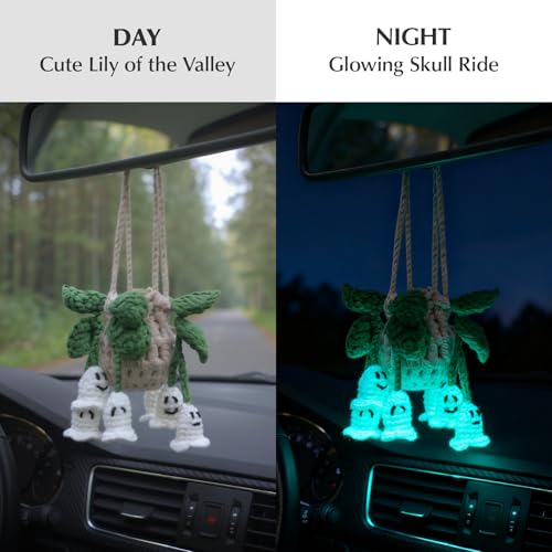 ROFIGL Handmade Crochet Hanging Car Air Freshener - Glow-in-the-Dark Lily of the Valley Plant with 12ml Refillable Essential Oil Diffuser Bottle, Halloween Car Accessories & Bedroom Nightlight Decor - style: Lily Ghost