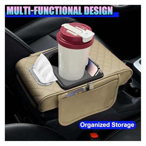 Leather Car Center Console Cover, Universal Automotive Armrest Booster Cushion, Vehicle Middle Console Organizer with 2 Cup Holders, Side Storage Bag, Tissue Box & Phone Slot(Beige) - color: Beige
