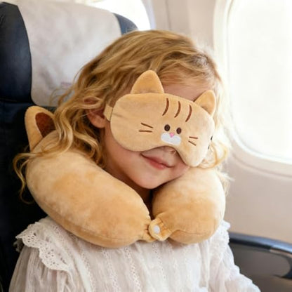 Kids Neck Pillow for Travel with Sleep Eye Mask, Cute Travel Neck Pillow, Memory Foam Flight Sleeping Headrest Pillow for Boys & Girls, Airplane, Train, Car, Home Use - Ginger Cat - color: Ginger Cat