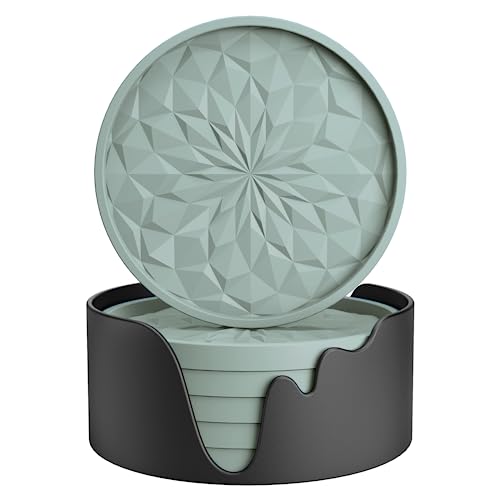 Silicone Coasters with Holder,[6 Pack] Drinking Coasters - Cup Mat for Hot or Cold Drinks, Thickened, Non-Slip, Non-stick,Deep Tray Desert Sage - color: Desert Sage