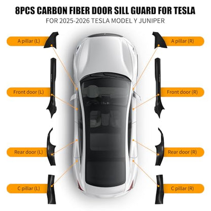 8PCS Door Sill Protector for Tesla Model Y Juniper 2025–26, Door Entry Guard Set for Front & Rear Door Thresholds, Anti-Kick Interior Door Entry Covers (Carbon Fiber (Not fit 2026 Model Y Standard))