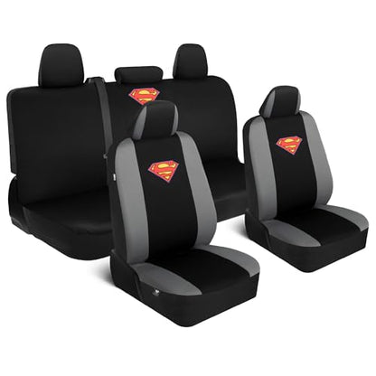 BDK Warner Brothers DC Superman Front & Rear Car Seat Covers Full Set - Easy to Install Durable & Polyester Car Seat Cover - All Vehicles Airbag Compatible Universal Car Accessories (Black & Gray) - size: Full Set, style: Superman