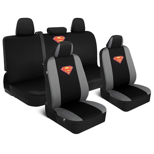 BDK Warner Brothers DC Superman Front & Rear Car Seat Covers Full Set - Easy to Install Durable & Polyester Car Seat Cover - All Vehicles Airbag Compatible Universal Car Accessories (Black & Gray) - size: Full Set, style: Superman
