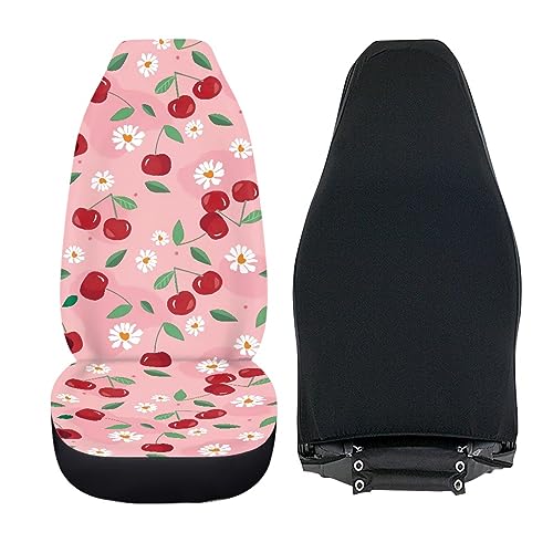 Pink Cherry Print Universal Fit Front Car Seat Cover for Women Girls Stain Resistant Car Seat Covers Bucket Seat Protector Prefect for Automotive, Van, Truck, SUV Cute Daisy Fruit Pattern - color: Cherry