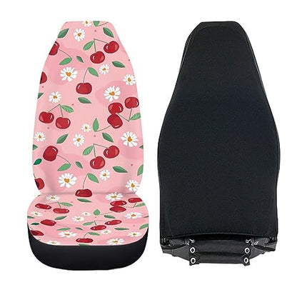 Pink Cherry Print Universal Fit Front Car Seat Cover for Women Girls Stain Resistant Car Seat Covers Bucket Seat Protector Prefect for Automotive, Van, Truck, SUV Cute Daisy Fruit Pattern - color: Cherry
