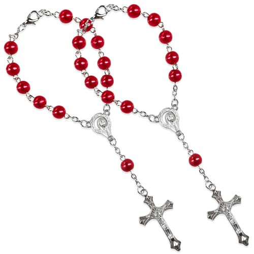 2PCS Car Rosary for Rearview Mirror, Catholic Rosary Pendant Personalized Rear View Mirror Charms, Medal & Cross Auto Hanging Ornament Decorative Accessories for Women Men (Red) - color: Red