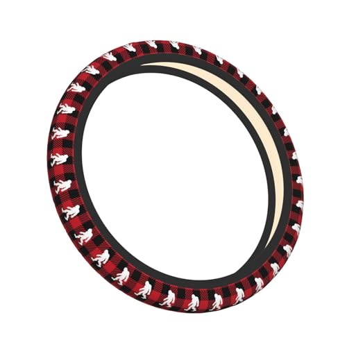Bigfoot Big Foot Red and Black Buffalo Plaid Car Steering Wheel Cover,Non-Slip Elastic Neoprene-Sweat Car Accessories,Universal 15 Inch Fit Auto, Vans Trucks,Suvs, Truck - color: Big Foot