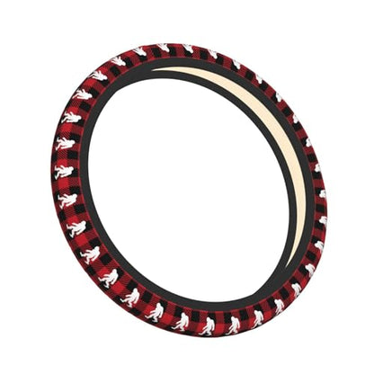 Bigfoot Big Foot Red and Black Buffalo Plaid Car Steering Wheel Cover,Non-Slip Elastic Neoprene-Sweat Car Accessories,Universal 15 Inch Fit Auto, Vans Trucks,Suvs, Truck - color: Big Foot