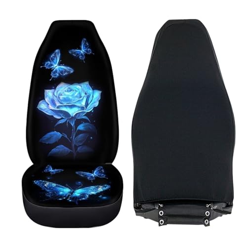Howilath Blue Rose Flower Car Front Seat Cover 2 Pack Butterfly Auto Protector Bucket Seat Covers High Back Auto Accessories Fit Most Vehicle - color: Blue Rose Butterfly
