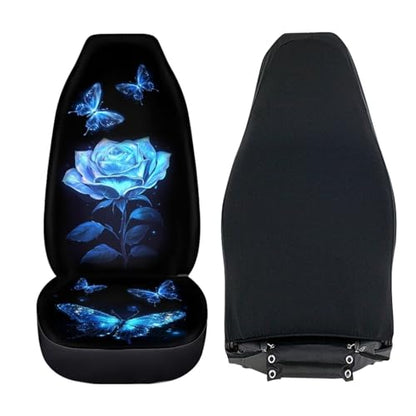 Howilath Blue Rose Flower Car Front Seat Cover 2 Pack Butterfly Auto Protector Bucket Seat Covers High Back Auto Accessories Fit Most Vehicle - color: Blue Rose Butterfly