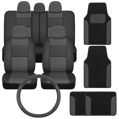 PU Leather Car Seat Covers w/Two-Tone Carpet/Vinyl Trim Car Floor Mats – Front and Back Split Bench Seat Covers, Steering Wheel Cover, Floor Mats for Cars Trucks Vans and SUVs (Black/Gray) - color: Charcoal