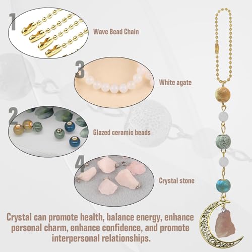 Boho Moon Hanging Car Charm, Crystal Rearview Mirror Pendant, Car Decor for Women, Cute Ceramic Accessory
