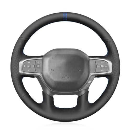 MEWANT Custom DIY Black Artificial Leather Steering Wheel Cover for Dodge Ram 1500 Laramie Big Horn 2019-2021 - color: Black Artificial Leather&Blue Laser Stripe