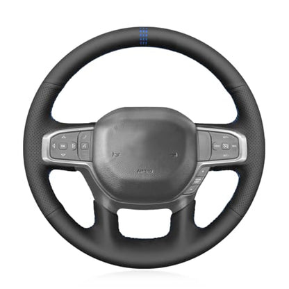 MEWANT Custom DIY Black Artificial Leather Steering Wheel Cover for Dodge Ram 1500 Laramie Big Horn 2019-2021 - color: Black Artificial Leather&Blue Laser Stripe