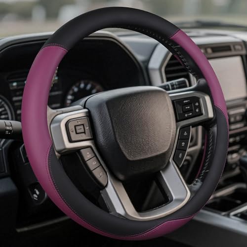 Leather Steering Wheel Cover for Ford F150/F250/F350, 15.5-16 Inch Truck Steering Wheel Grip, Breathable & Anti-Slip, Premium Semi Car Accessories (Purple) - color: Purple