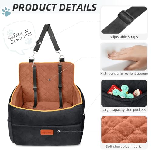 Small Dog Car Seat, Memory Foam Dog Booster Seats with Thick Cushion for Medium Dogs Under 35lbs, Detachable Washable Pet Car Seat Travel Bed with Storage Pockets,2 Safety Belts - color: Black+brown