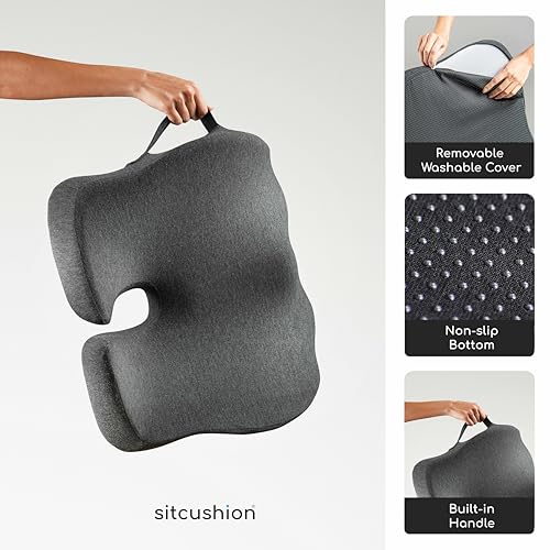 SitCushion Ergonomic Seat Cushion for Sciatica & Tailbone Pain Relief – Extra Large Memory Foam Office Chair Cushion for Long Sitting, Orthopedic Coccyx Cushion for Desk Chair, Car & Wheelchair(Black)