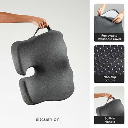 SitCushion Ergonomic Seat Cushion for Sciatica & Tailbone Pain Relief – Extra Large Memory Foam Office Chair Cushion for Long Sitting, Orthopedic Coccyx Cushion for Desk Chair, Car & Wheelchair(Black)