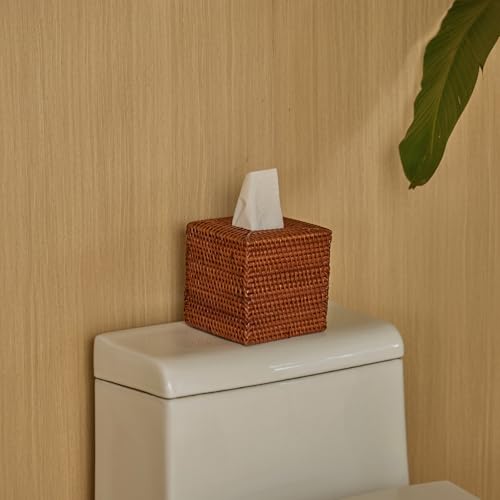 Square Rattan Tissue Box Cover, Hand Woven Wicker Tissue Holder, 5.5 x 5.5 X 5.7 inches, Honey Brown - color: Honey Brown, size: Square (5.7"H)