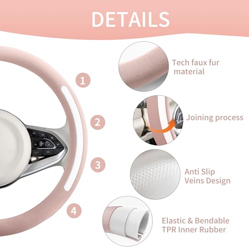 Steering Wheel Cover, Universal 15 inch, Faux Leather Steering Wheel Protector Anti-Slip, Breathable & Heating-Compatible for Cars Trucks SUVs Vans - color: Pink