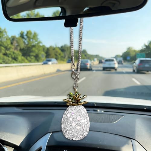 Craedli Bling Pineapple Car Hanging Ornament, Sparkly Rhinestone Automotive Rear View Mirror Charm, Cute Car Mirror Pendant, Universal Vehicle Interior Decorative Accessories for Women (Silver) - color: Silver