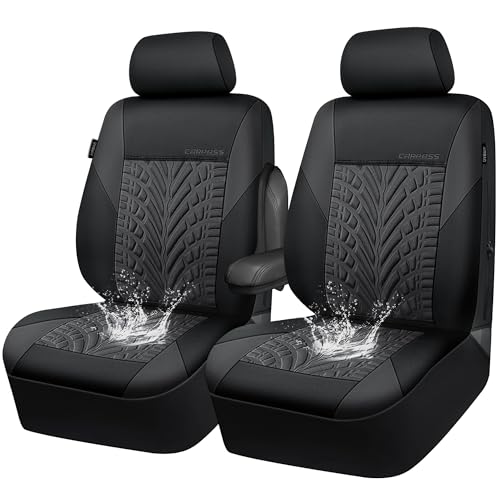 CAR PASS Neoprene Waterproof Seat Covers Two Front, Wetsuit Car Seat Covers 2pcs Universal Fit for Vans, Truck, SUV, 3D Tyre Embossed Seat Covers Anti Slip with Armrests, Aibag Compatible(Black Gray) - color: Black and Charcoal Neoprene, size: Two Front