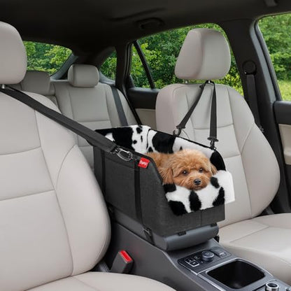 Center Console Small Dog Car Seat - Portable Pet Cat Puppy Booster Armrest Carseat Up to 11lbs, Anti-Collapse Comfort Car Travel with Washable Fluffy Cushion and Pillow, Milk Cow