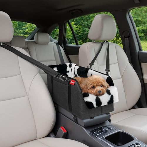 Center Console Small Dog Car Seat - Portable Pet Cat Puppy Booster Armrest Carseat Up to 11lbs, Anti-Collapse Comfort Car Travel with Washable Fluffy Cushion and Pillow, Milk Cow
