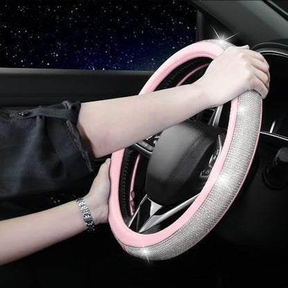Steering Wheel Cover Women Pink Bling Diamond Steering Wheel Cover, Leather Cute Steering Wheel Covers with Crystal Rhinestones, Breathable, Anti-Slip Universal Fit 14.5-15 Inch Bling Car Accessories - color: White Pink
