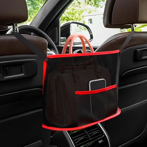 Car Net Pocket Handbag Holder, Organizer Storage Between Front Seats, Large Capacity Auto Seat Back Mesh Pocket Organizer, Car Handbag Holder Between Seats Universal for Most Vehicles (Red)