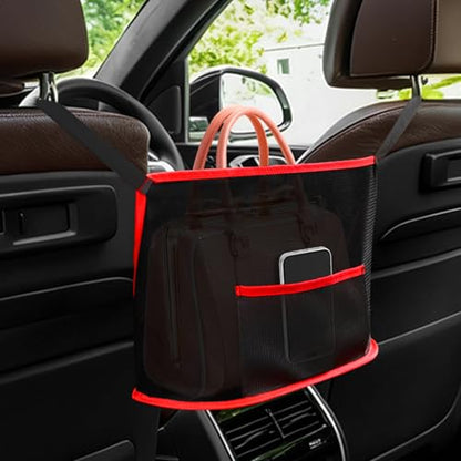 Car Net Pocket Handbag Holder, Organizer Storage Between Front Seats, Large Capacity Auto Seat Back Mesh Pocket Organizer, Car Handbag Holder Between Seats Universal for Most Vehicles (Red)