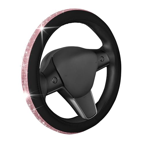Carbella Leatherette Crystal Bling Steering Wheel Cover for Car SUV, Glitter Sparkle Rhinestone Cute Car Accessories for Women Universal Fit Standard Size (Fits 14.5"-15") - Black w/Pink Bling - color: Bling Black/Pink