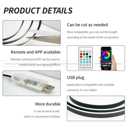 Ambient Lighting Car led Lights Interior, 43.3'' USB Powered Acrylic Neon Flexible Strip Model y Ambient Lighting kit with Remote APP,Dynamic RGB 2 in 1 Music Lights Sync for Inside car Decorations - size: 2 in 1( 43.3inch*2)