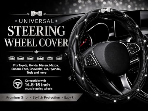 Bling Sparkly Crown Soft Leather Car Steering Wheel Cover for Women Girl,Bling Diamond Crystal Glitter Rhinestones Universal Fit 14.5in-15in Auto Wheel Protector for Suvs,Vans,Sedans,Cars (Bow-Black) - color: Bow-Black
