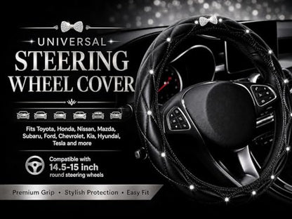 Bling Sparkly Crown Soft Leather Car Steering Wheel Cover for Women Girl,Bling Diamond Crystal Glitter Rhinestones Universal Fit 14.5in-15in Auto Wheel Protector for Suvs,Vans,Sedans,Cars (Bow-Black) - color: Bow-Black