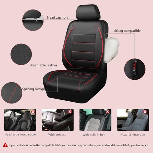 CAR PASS Universal FIT Piping Leather Two Front Seat Covers, Waterproof Faux Leather for SUV Sedan Van Truck, Airbag Compatible,Reserved Opening Holes for Headrest Covers. (Black red) - color: Black Red