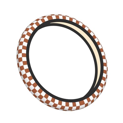 Brown Checkered Steering Wheel Cover for Women,Universal Auto Steering Wheel 14-15 Inch Car Interior Accessories with 2PCS Car Coasters,Suitable for Men and Women - color: brown